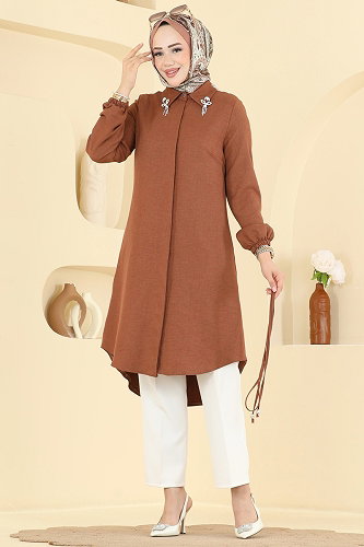 moda selvim Broş Detaylı Şık Tunik 2922SLK540 Taba - Thumbnail