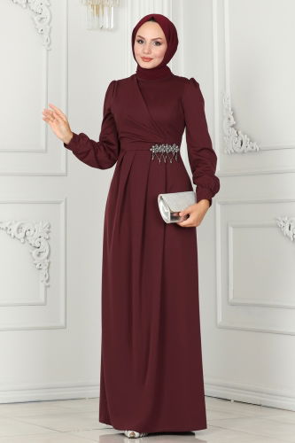 moda selvim Broş Detaylı Tesettür Abiye 2525SL432 Bordo - Thumbnail