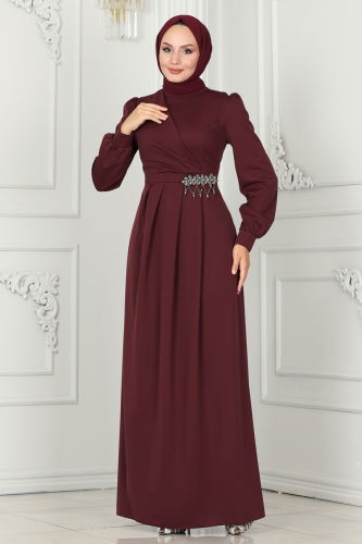 moda selvim Broş Detaylı Tesettür Abiye 2525SL432 Bordo - Thumbnail