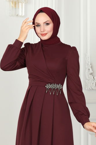 moda selvim Broş Detaylı Tesettür Abiye 2525SL432 Bordo - Thumbnail