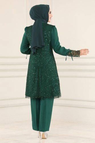 moda selvim Broş Detaylı Tesettür Takım ASM2547 Zümrüt - Thumbnail