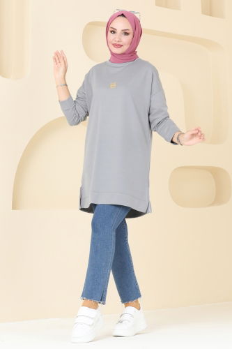 moda selvim Broş Detaylı Tunik 5034UZ662 Gri - Thumbnail