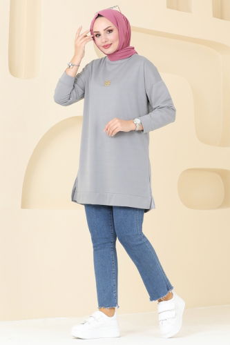 moda selvim Broş Detaylı Tunik 5034UZ662 Gri - Thumbnail