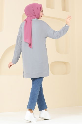 moda selvim Broş Detaylı Tunik 5034UZ662 Gri - Thumbnail