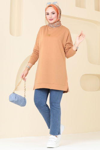 moda selvim Broş Detaylı Tunik 5034UZ662 Latte - Thumbnail