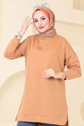 moda selvim Broş Detaylı Tunik 5034UZ662 Latte - Thumbnail