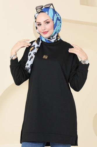 moda selvim Broş Detaylı Tunik 5034UZ662 Siyah - Thumbnail