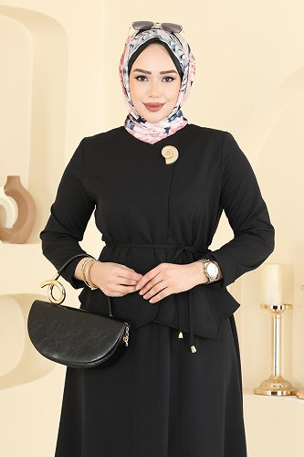 moda selvim Broş Düğmeli Etekli Takım 2848SLK540 Siyah - Thumbnail