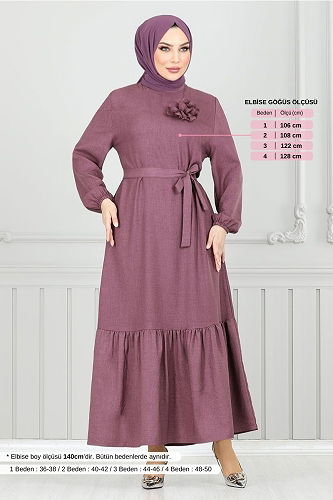 moda selvim Broş Gül Detaylı Elbise 801OZR1047-M Koyu Lila - Thumbnail