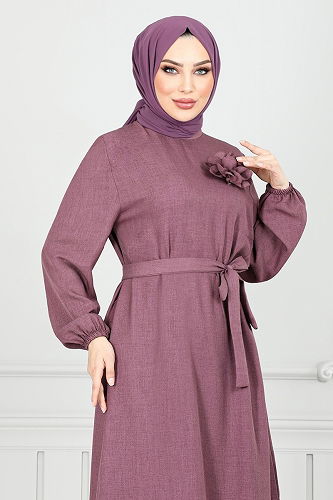 moda selvim Broş Gül Detaylı Elbise 801OZR1047-M Koyu Lila - Thumbnail