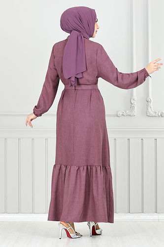moda selvim Broş Gül Detaylı Elbise 801OZR1047-M Koyu Lila - Thumbnail