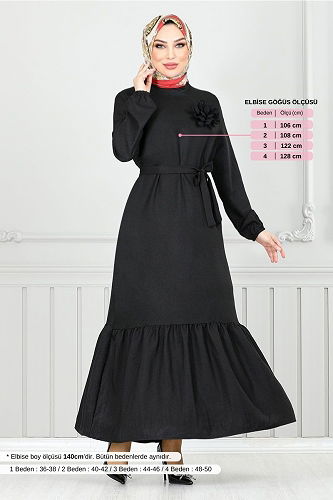 moda selvim Broş Gül Detaylı Elbise 801OZR1047-M Siyah - Thumbnail