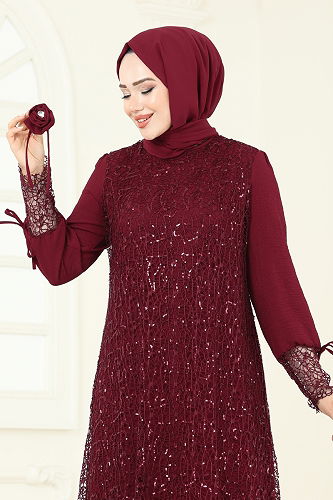 moda selvim Broşlu File Payet Takım 2547ELC1143 Bordo - Thumbnail