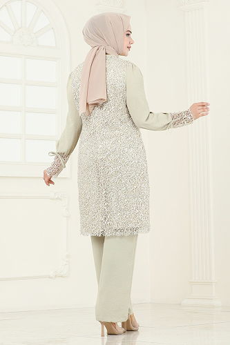 moda selvim Broşlu File Payet Takım 2547ELC1143 Gold - Thumbnail