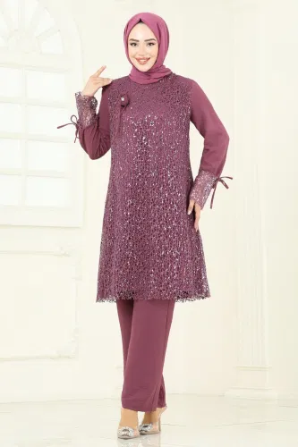 E.L.C. - Broşlu File Payet Takım 2547ELC1143 Koyu Gül Kurusu