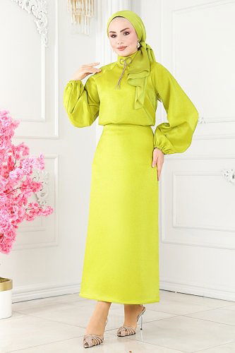 moda selvim Broşlu Işıltlı Saten Abiye Takım 223OFR845 Asit - Thumbnail