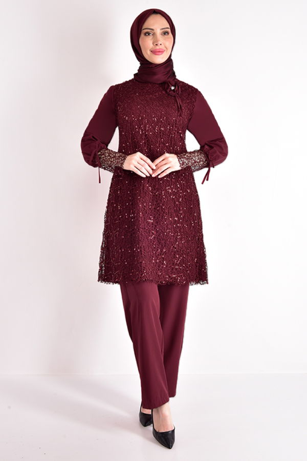 Modaselvim SEPETTE NET %20+%20 İNDİRİM Broşlu Şifon Takım ASM2547-M Bordo