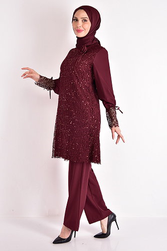 moda selvim Broşlu Şifon Takım ASM2547-M Bordo - Thumbnail