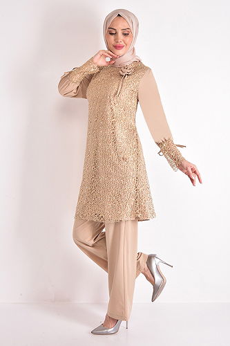 moda selvim Broşlu Şifon Takım ASM2547-M Gold - Thumbnail