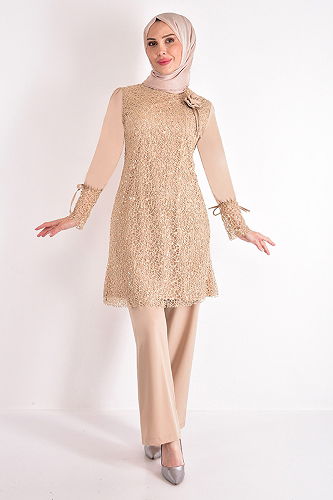 moda selvim Broşlu Şifon Takım ASM2547-M Gold - Thumbnail