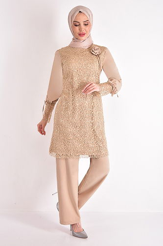 moda selvim Broşlu Şifon Takım ASM2547-M Gold - Thumbnail