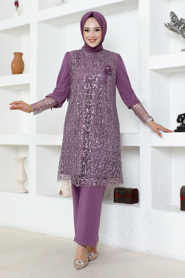 Modaselvim SEPETTE NET %20+%20 İNDİRİM Broşlu Şifon Takım ASM2547-M Lila