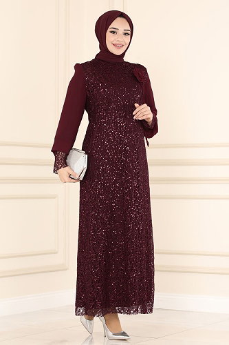 moda selvim Broşlu Tesettür Abiye ASM2517 Bordo - Thumbnail
