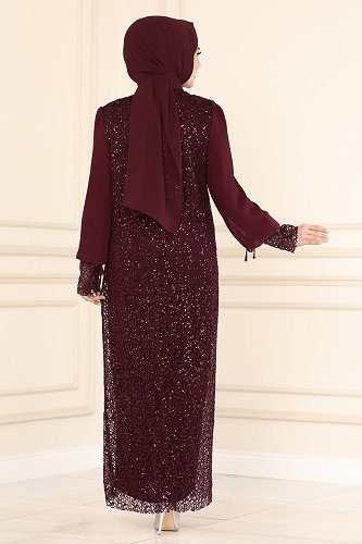 moda selvim Broşlu Tesettür Abiye ASM2517 Bordo - Thumbnail