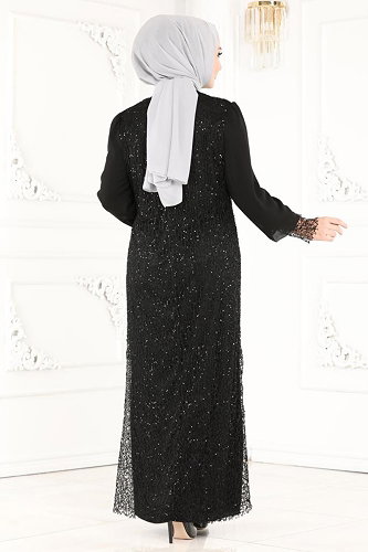 moda selvim Broşlu Tesettür Abiye ASM2517 Siyah - Thumbnail