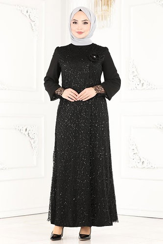 moda selvim Broşlu Tesettür Abiye ASM2517 Siyah - Thumbnail