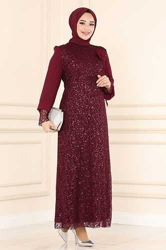 moda selvim Broşlu Tesettür Abiye Elbise 2517ELC1143 Bordo - Thumbnail