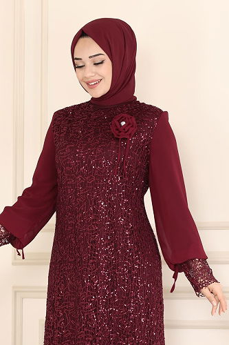 moda selvim Broşlu Tesettür Abiye Elbise 2517ELC1143 Bordo - Thumbnail