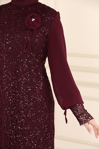 moda selvim Broşlu Tesettür Abiye Elbise 2517ELC1143 Bordo - Thumbnail