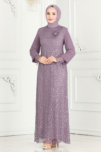 moda selvim Broşlu Tesettür Abiye Elbise 2517ELC1143 Lila - Thumbnail