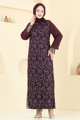 moda selvim Broşlu Tesettür Abiye Elbise 2517ELC1143 Mürdüm - Thumbnail