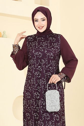 moda selvim Broşlu Tesettür Abiye Elbise 2517ELC1143 Mürdüm - Thumbnail