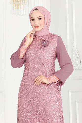 moda selvim Broşlu Tesettür Abiye Elbise 2517ELC1143 Pudra - Thumbnail