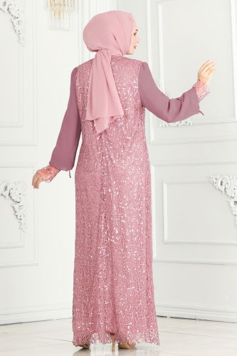 moda selvim Broşlu Tesettür Abiye Elbise 2517ELC1143 Pudra - Thumbnail