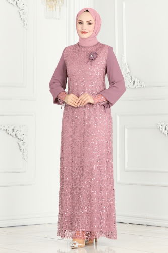 moda selvim Broşlu Tesettür Abiye Elbise 2517ELC1143 Pudra - Thumbnail