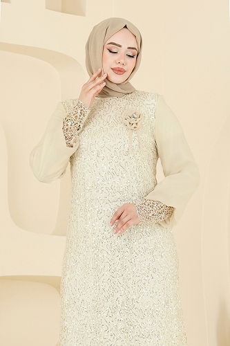 moda selvim Broşlu Tesettür Abiye Elbise 2517ELC1143 Sarı - Thumbnail