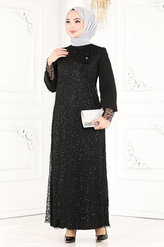 moda selvim Broşlu Tesettür Abiye Elbise 2517ELC1143 Siyah - Thumbnail