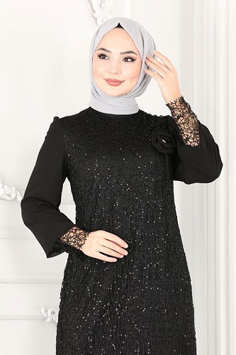 moda selvim Broşlu Tesettür Abiye Elbise 2517ELC1143 Siyah - Thumbnail