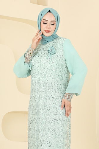 moda selvim Broşlu Tesettür Abiye Elbise 2517ELC1143 Su Yeşili - Thumbnail