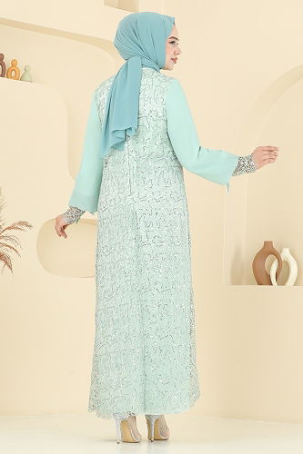 moda selvim Broşlu Tesettür Abiye Elbise 2517ELC1143 Su Yeşili - Thumbnail