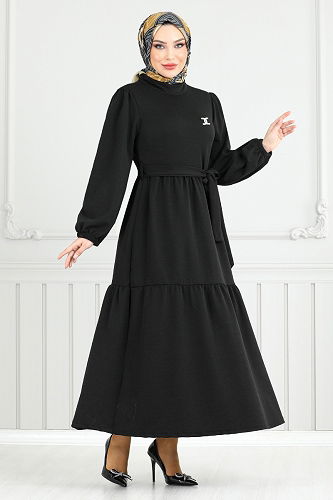 moda selvim Broşlu Tesettür Elbise 4518NFC915-M Siyah - Thumbnail