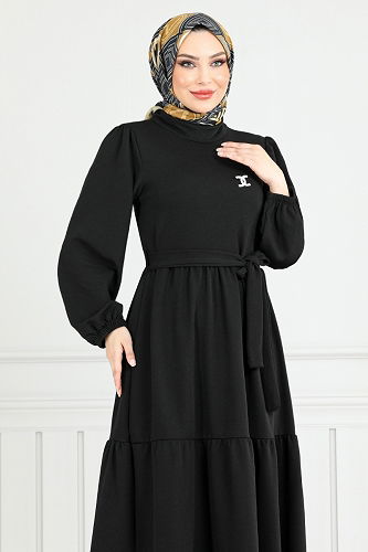 moda selvim Broşlu Tesettür Elbise 4518NFC915-M Siyah - Thumbnail