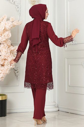 moda selvim Broşlu Tesettür Takım ASM2616 Bordo - Thumbnail