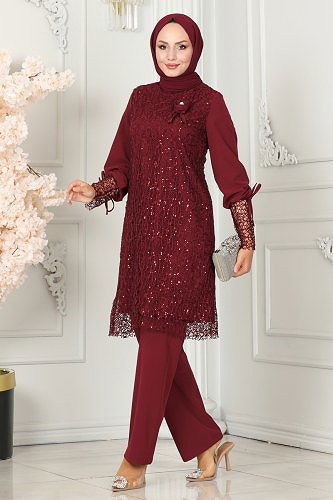 moda selvim Broşlu Tesettür Takım ASM2616 Bordo - Thumbnail