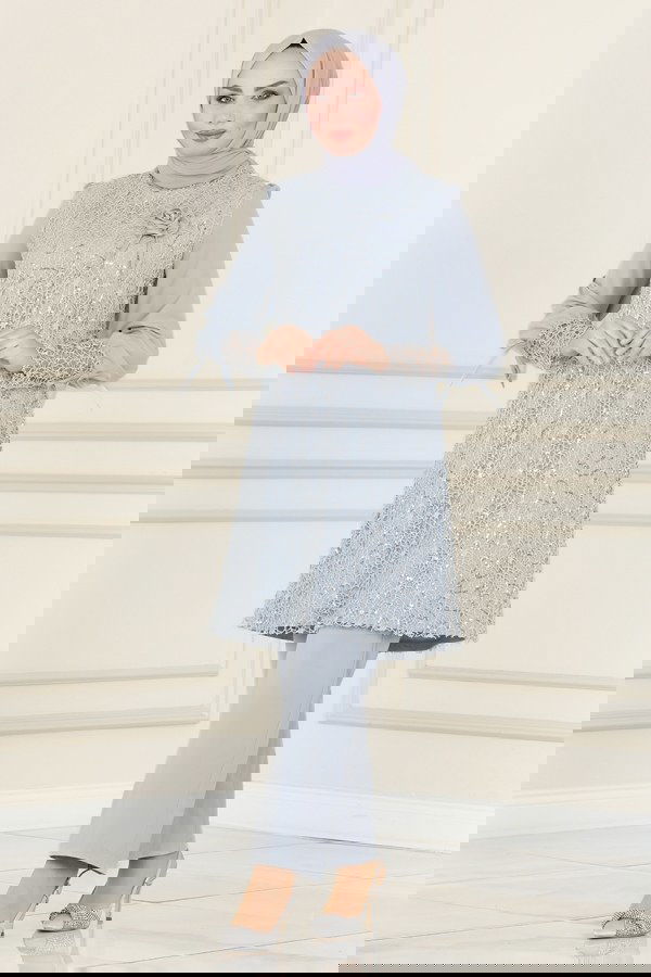 Modaselvim SEPETTE NET %20 + %10 İNDİRİM Broşlu Tesettür Takım ASM2616 Gri