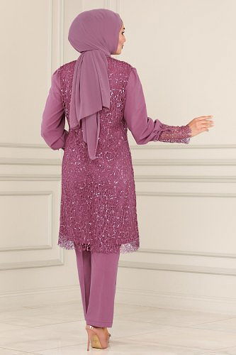 moda selvim Broşlu Tesettür Takım ASM2616 Gül Kurusu - Thumbnail